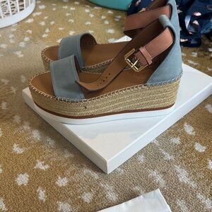 See By Chloe Blue and Tan Platform Sandals